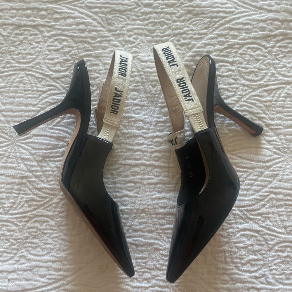 Auth Dior J’aDior black patent leather slingback bow pumps